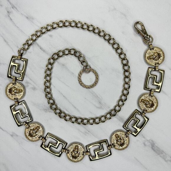 Vintage Gold Tone Greek Key Lion Head Medallion Chain Link Belt Small S Medium M main image 10